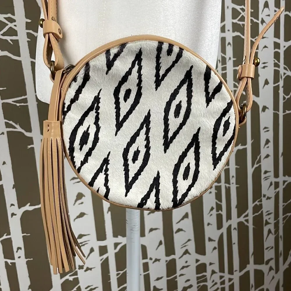 Cynthia Vincent Round Circular Ikat Print Hair Calf Leather Crossbody Bag